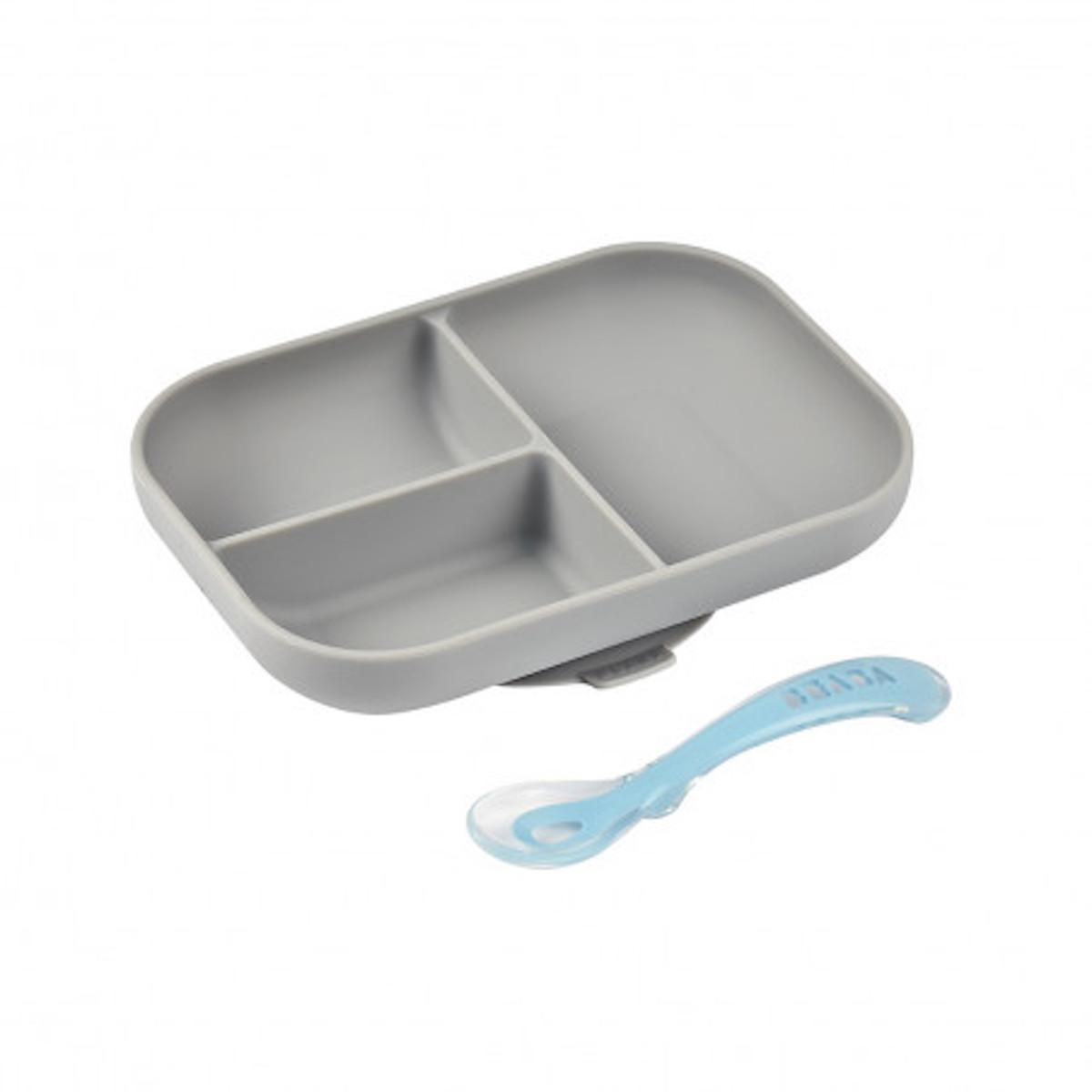 SET PLATO 3 COMP.+CUCHARA GRIS SILICONA