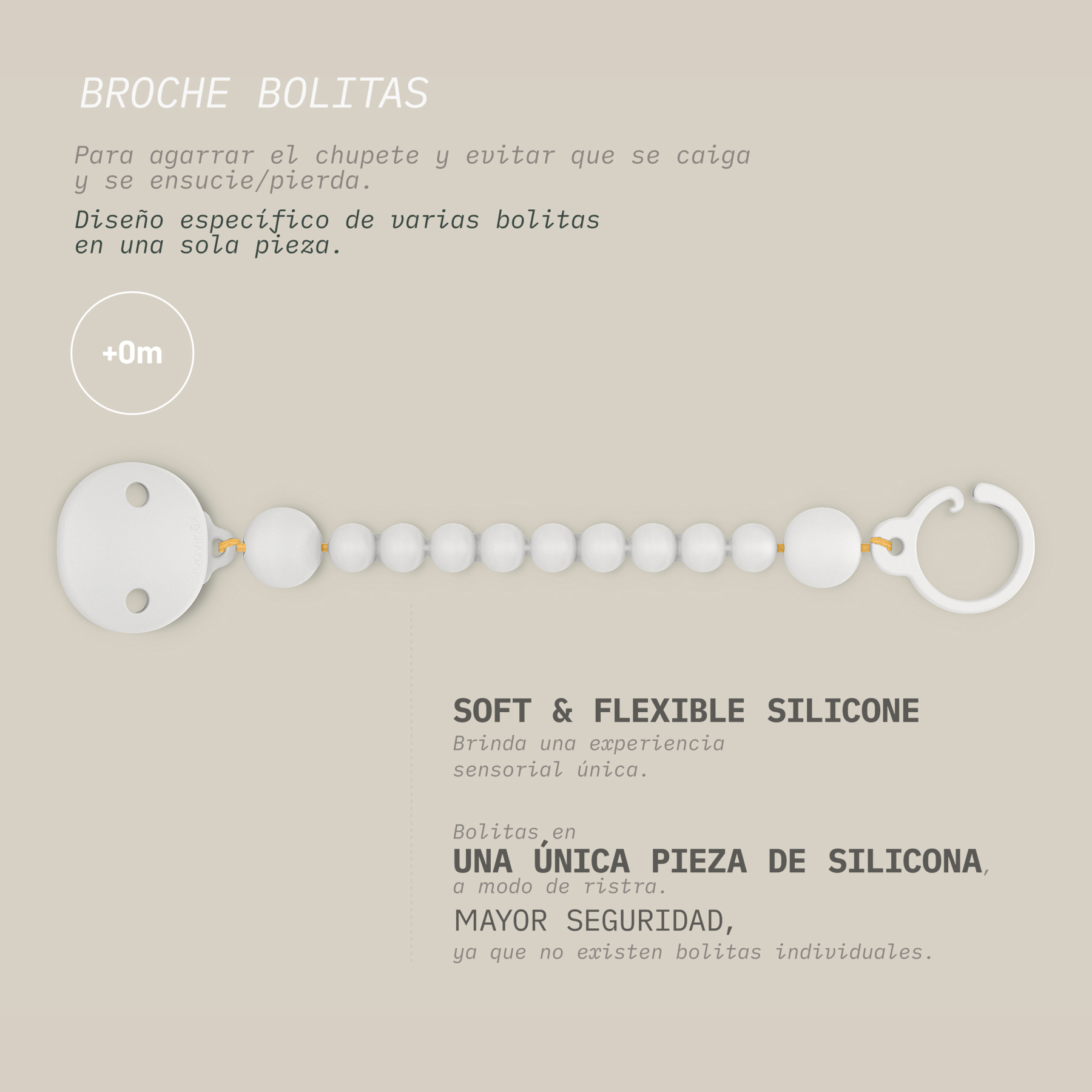 CADENA CHUPETE C/BROCHE BOLITAS SILICONA TEJA I3