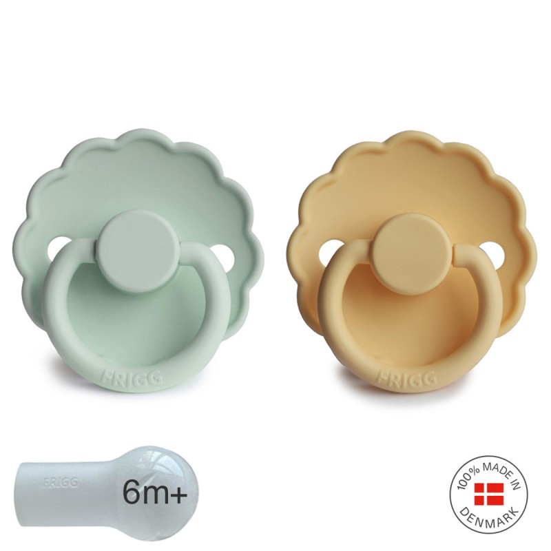 Pack 2 Chupetes FRIGG Block Silicona DAISY 6m+ Seafoam/Pale Daffodil