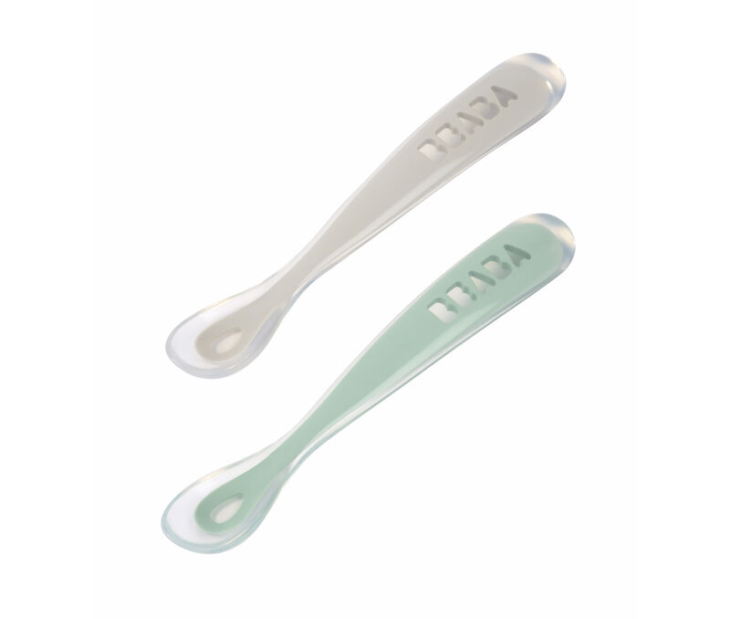 SET DE 2 CUCHARAS+ESTUCHE PRIMERAS COMIDAS SILICONA  GRIS+VERDE SALVIA