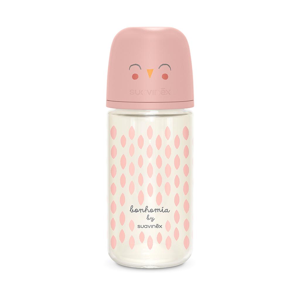 BIBERÓN VIDRIO 240ML BONHOMIA FEATHER ROSA