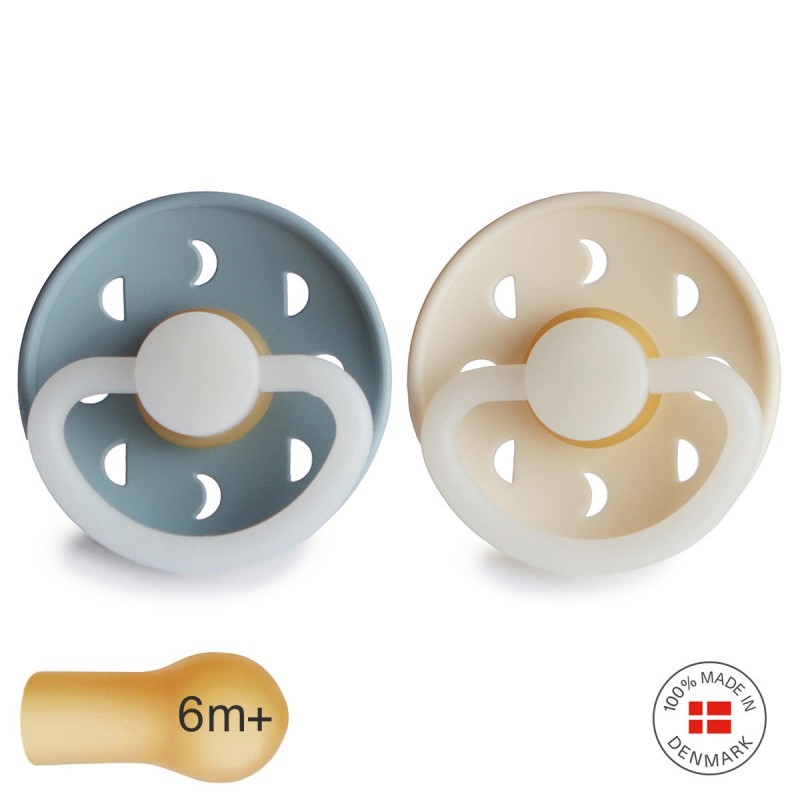 Pack 2 Chupetes FRIGG Night Latex MOON PHASE 6m+ St.Blue/Cream