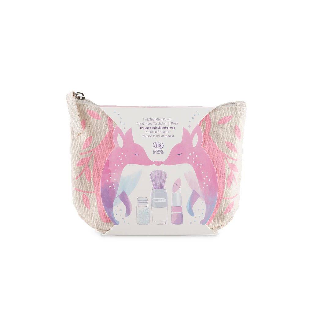 ESTUCHE ROSA Pincel magico + polvos plateados+ labial de frambuesa