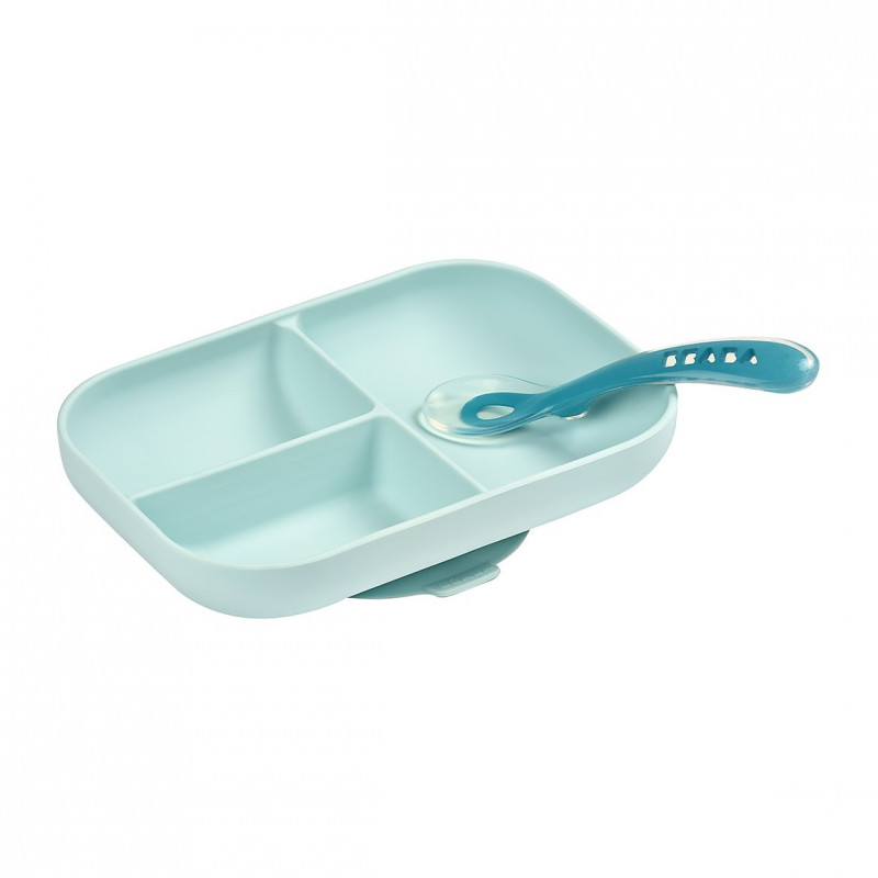 SET PLATO 3 COMP.+CUCHARA AZUL SILICONA