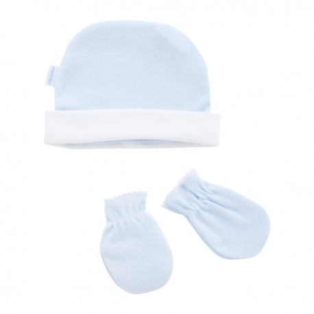 JUEGO GORRO Y MANOPLAS LISO CELESTE