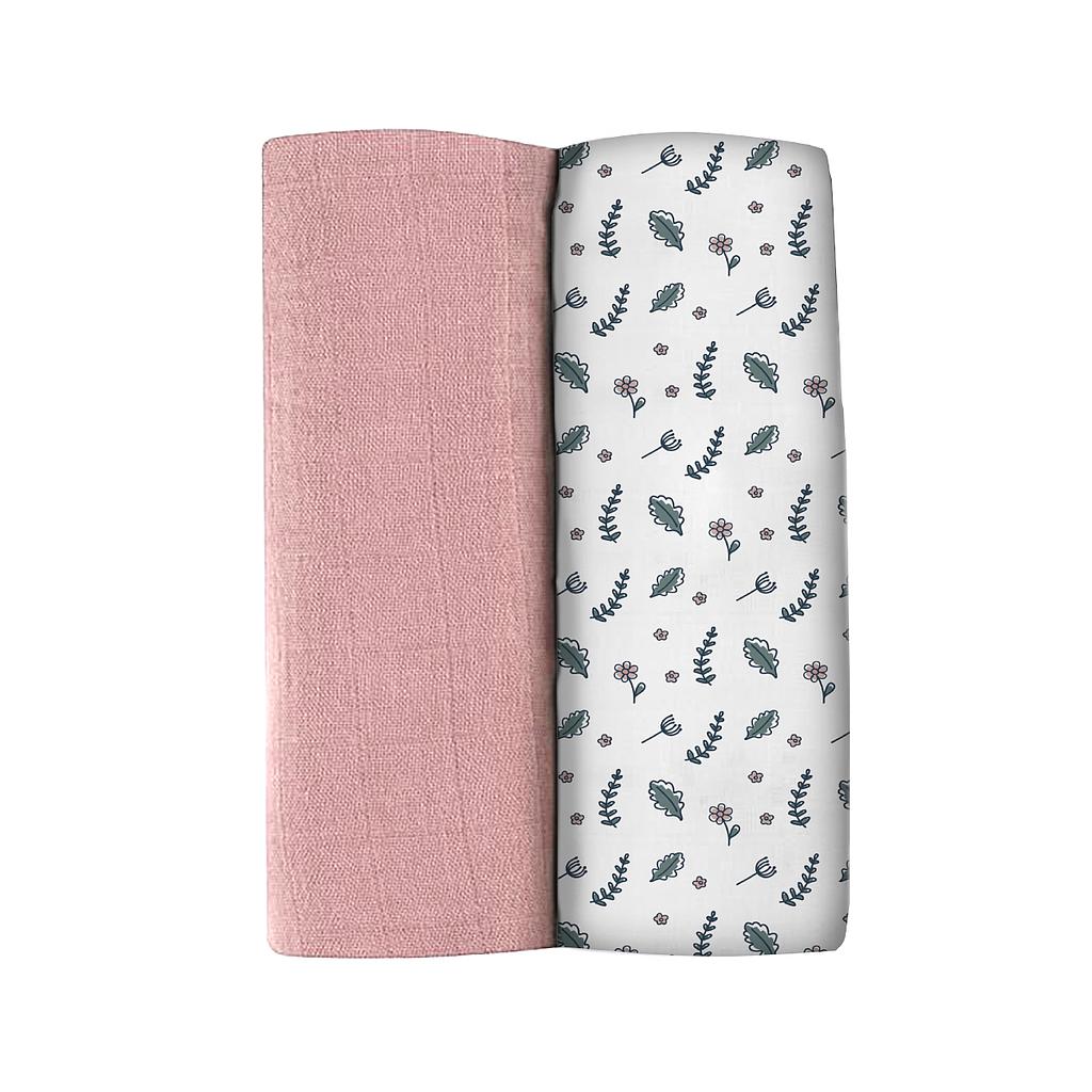 SET 2 MUSELINAS XL 120X120CM 100% ALGODON ORGANICO BRIDAL PINK / FLOWERY COUNTRYSIDE